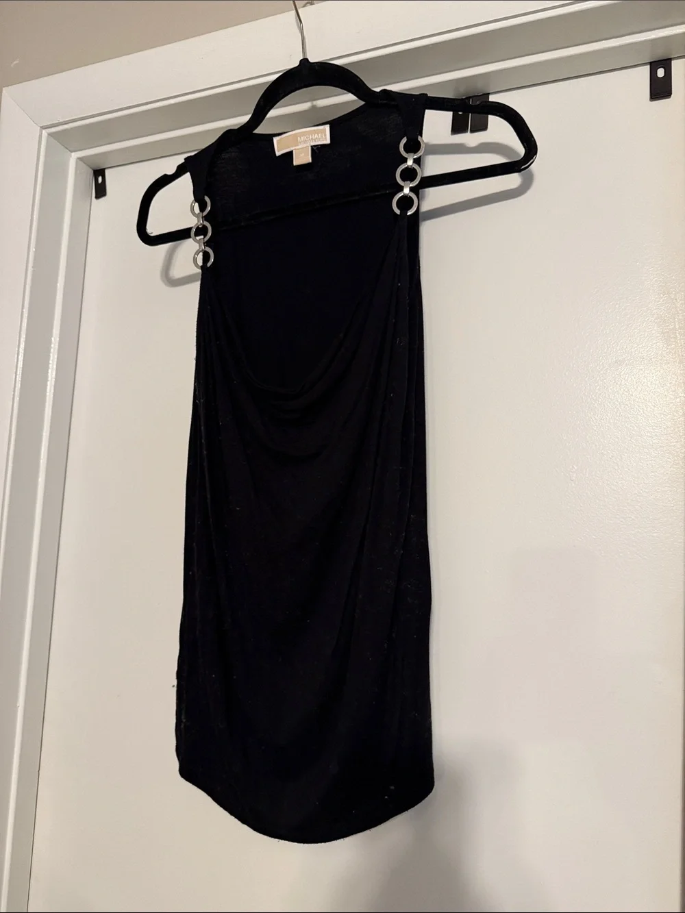Michael Kors Black Draped Halter Top with Silver Ring Accents